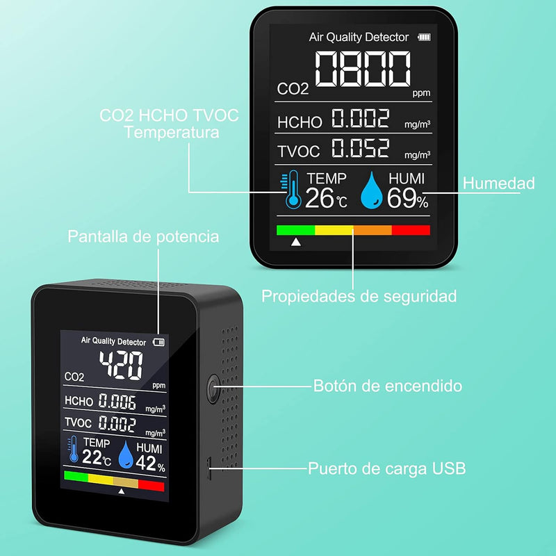 Detector Portátil de Calidad del aire Medidor de CO2 TVOC