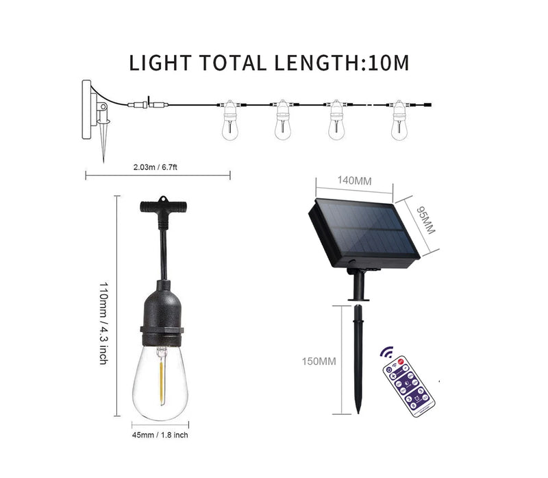 Guirnaldas con Panel Solar | 10 Metros + 20 Focos 💡
