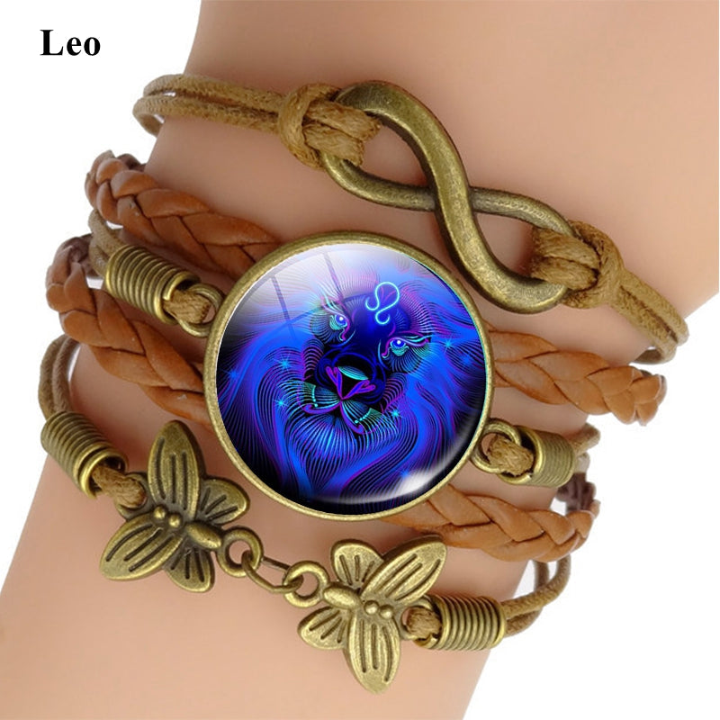 Pulsera de Cuero Tejido con Signo Zodiacal Brillante