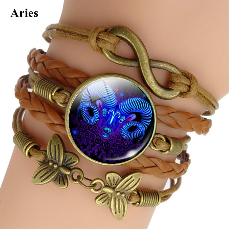 Pulsera de Cuero Tejido con Signo Zodiacal Brillante